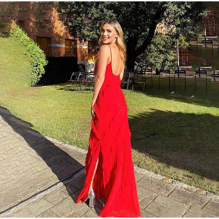 Vestido maxi de mujer con volantes asimétricos y tirantes finos