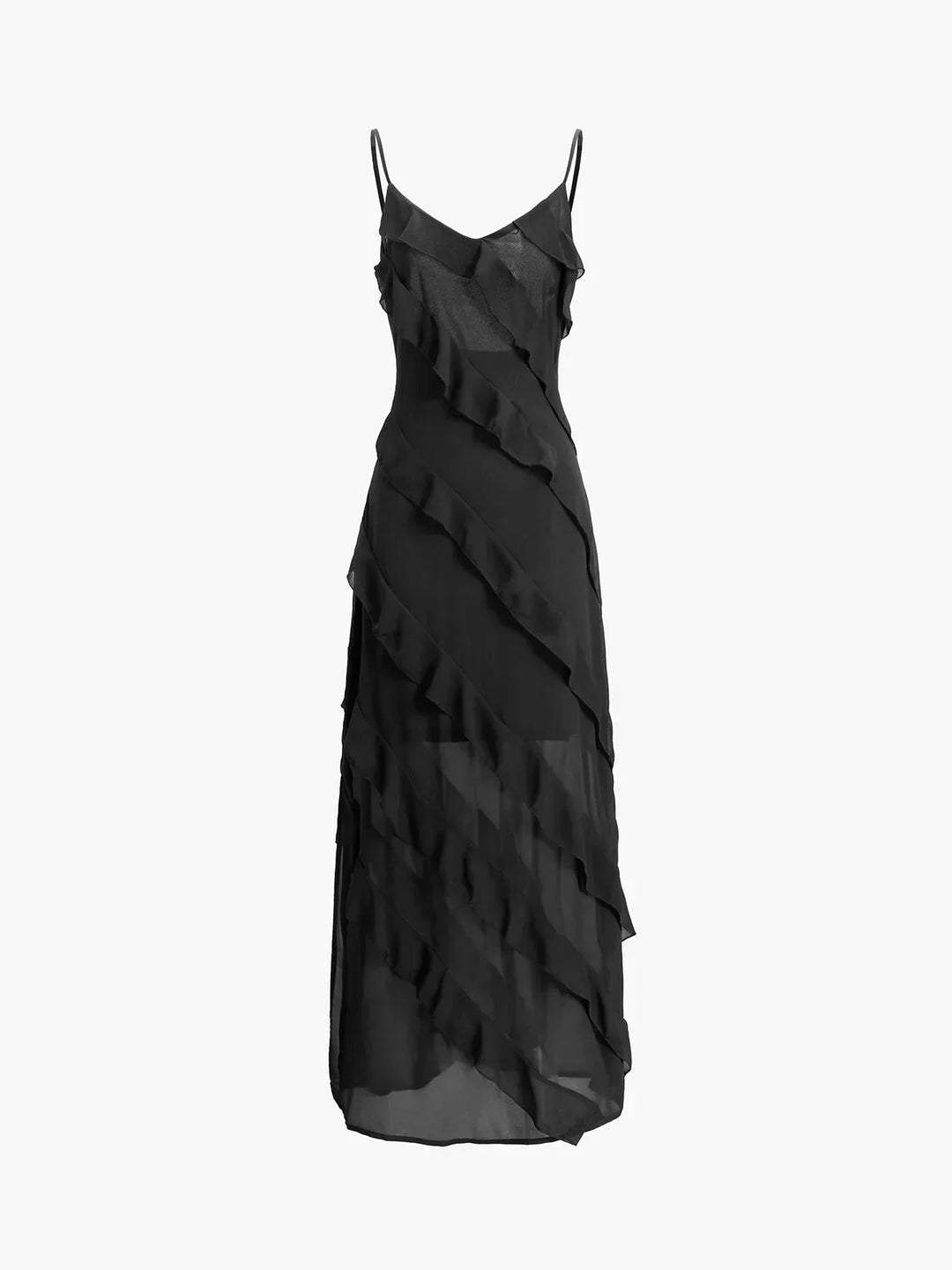 Vestido maxi de mujer con volantes asimétricos y tirantes finos