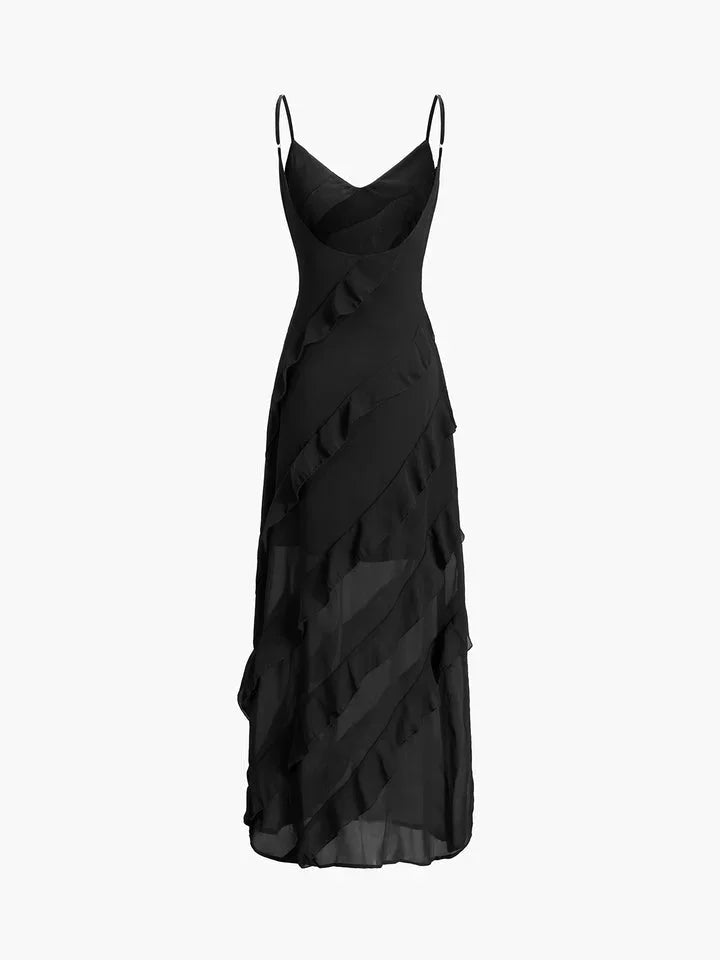 Vestido maxi de mujer con volantes asimétricos y tirantes finos