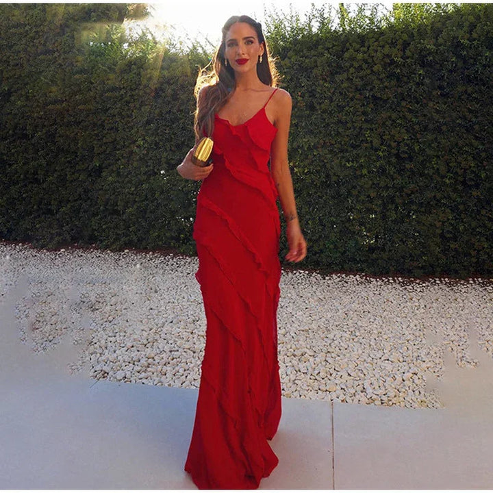 Vestido maxi de mujer con volantes asimétricos y tirantes finos