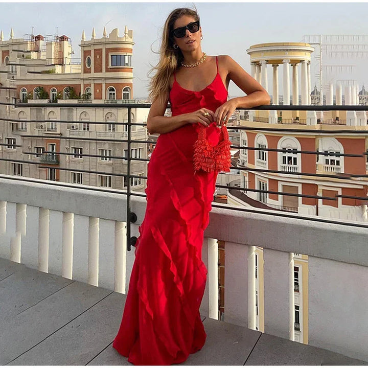 Vestido maxi de mujer con volantes asimétricos y tirantes finos