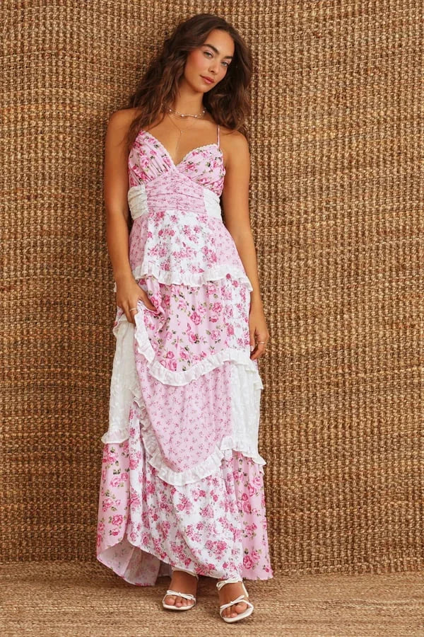 Vestido maxi de patchwork de verano para mujeres con tirantes finos