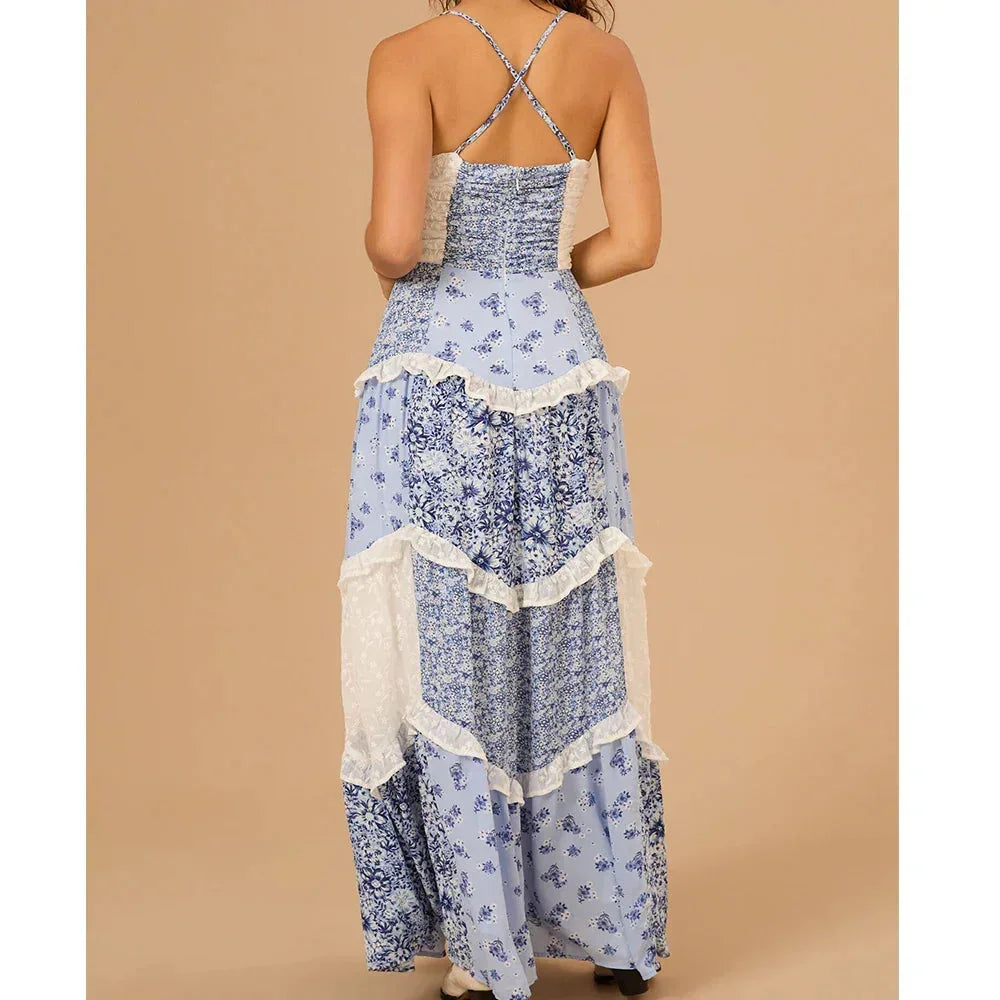Vestido maxi de patchwork de verano para mujeres con tirantes finos