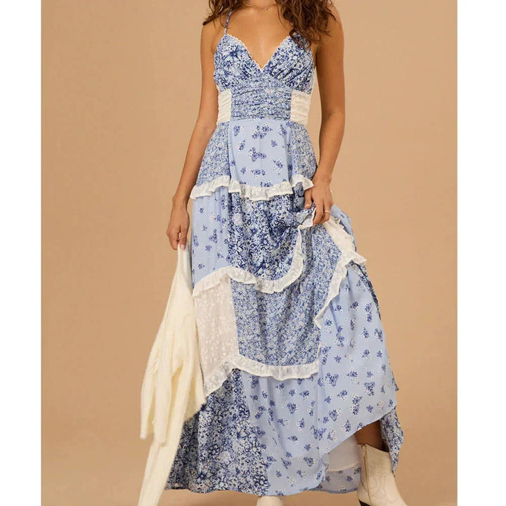 Vestido maxi de patchwork de verano para mujeres con tirantes finos