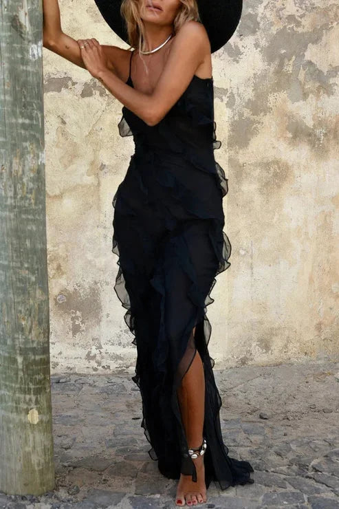 Vestido Maxi sin mangas para mujer con volantes y abertura