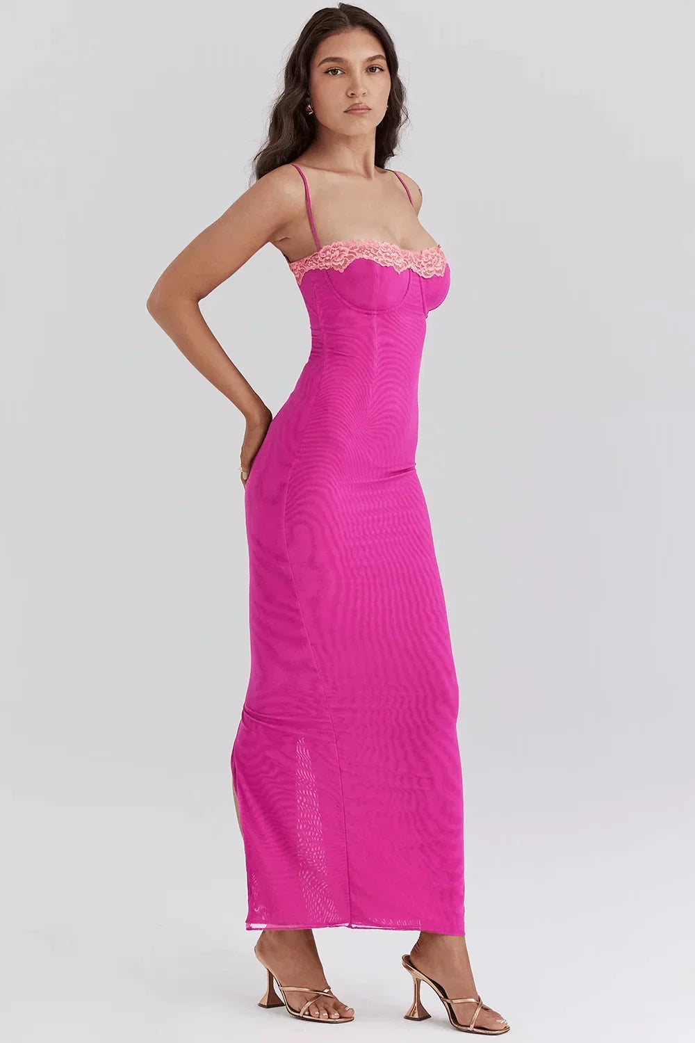 Vestido midi ajustado para mujer con encaje y espalda descubierta