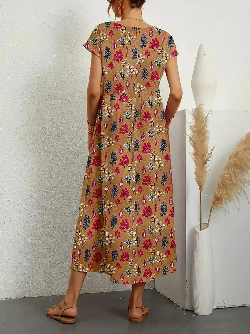 Vestido midi de algodón con estampado floral para mujer con bolsillos