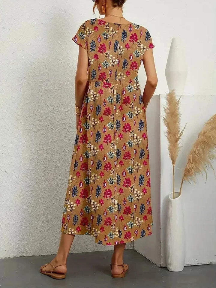 Vestido midi de algodón con estampado floral para mujer con bolsillos