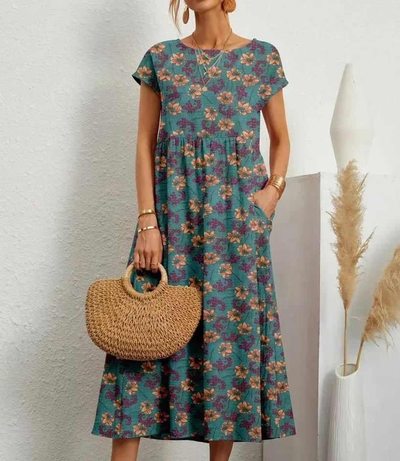 Vestido midi de algodón con estampado floral para mujer con bolsillos