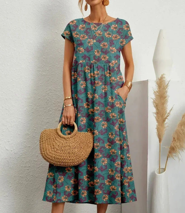 Vestido midi de algodón con estampado floral para mujer con bolsillos