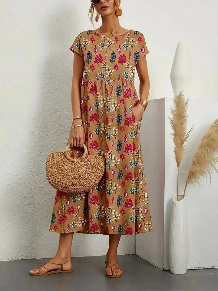 Vestido midi de algodón con estampado floral para mujer con bolsillos