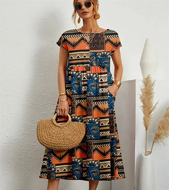 Vestido midi de algodón con estampado floral para mujer con bolsillos