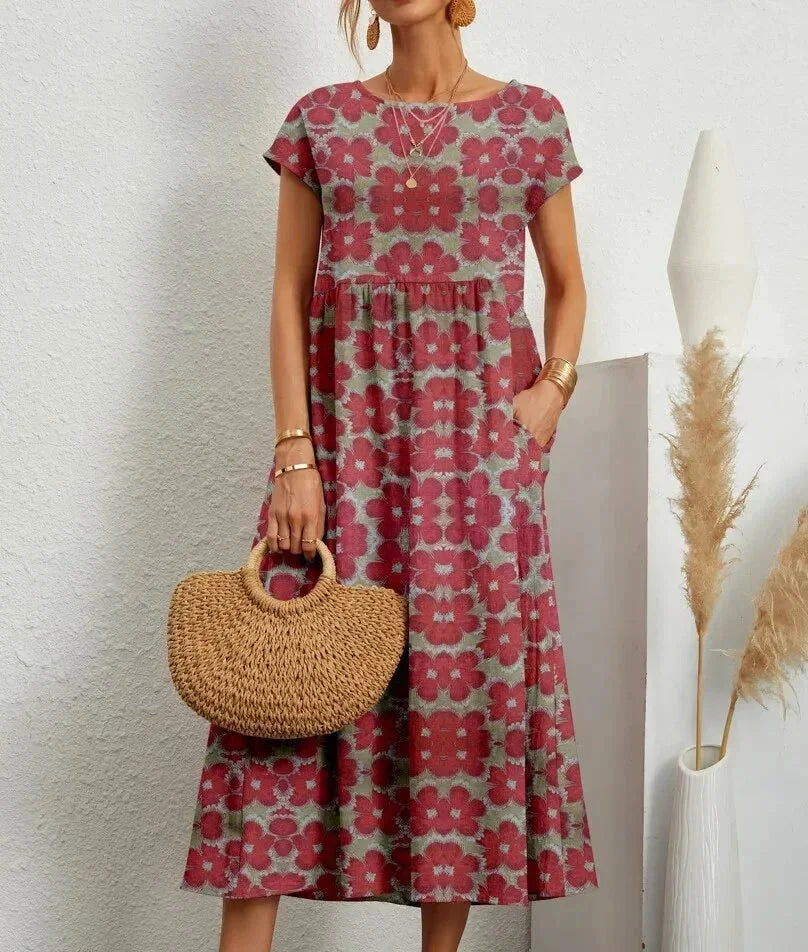 Vestido midi de algodón con estampado floral para mujer con bolsillos