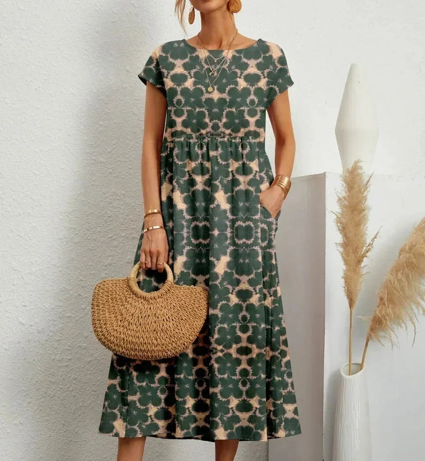 Vestido midi de algodón con estampado floral para mujer con bolsillos