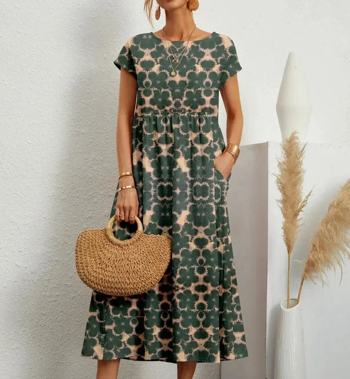 Vestido midi de algodón con estampado floral para mujer con bolsillos