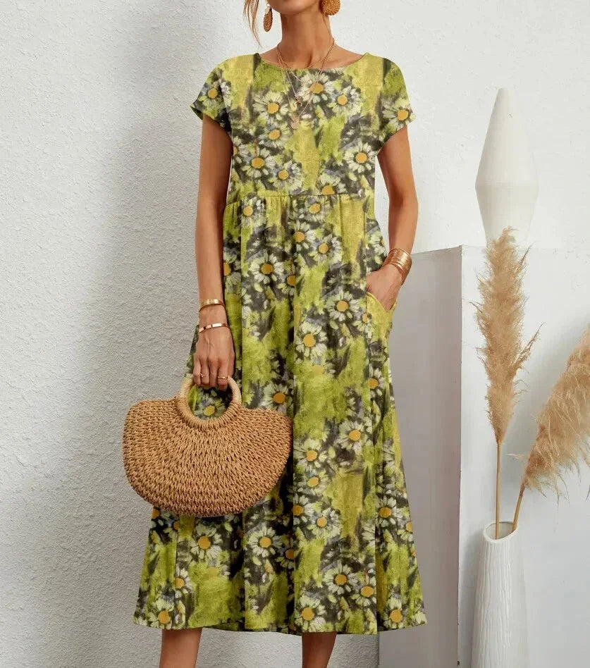 Vestido midi de algodón con estampado floral para mujer con bolsillos