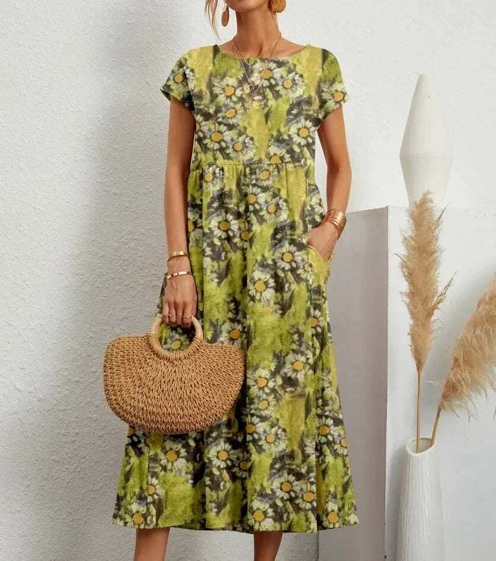 Vestido midi de algodón con estampado floral para mujer con bolsillos