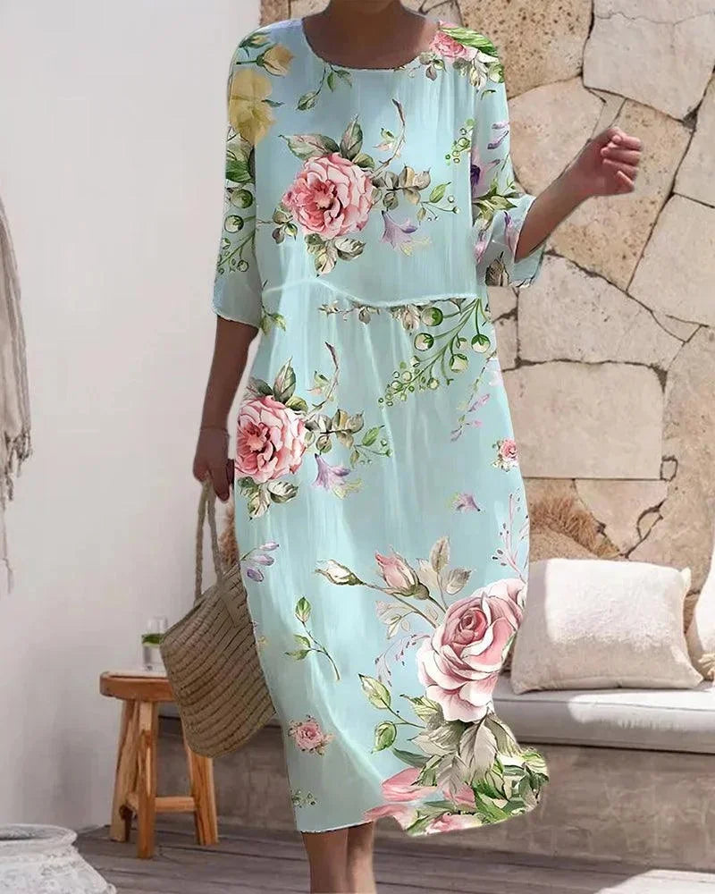 Vestido midi para mujeres con patrones variados, mangas de longitud media, estilo playero