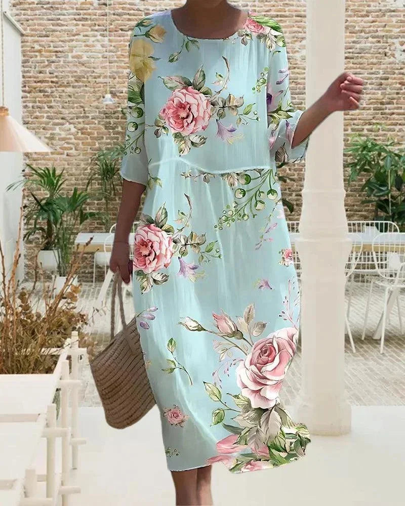 Vestido midi para mujeres con patrones variados, mangas de longitud media, estilo playero