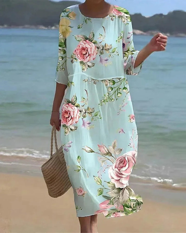 Vestido midi para mujeres con patrones variados, mangas de longitud media, estilo playero