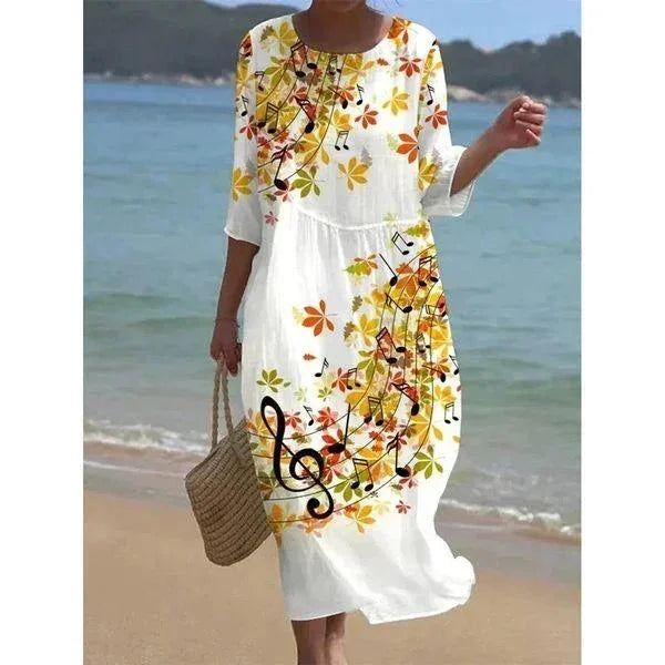 Vestido midi para mujeres con patrones variados, mangas de longitud media, estilo playero