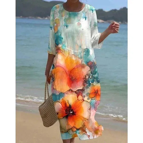 Vestido midi para mujeres con patrones variados, mangas de longitud media, estilo playero