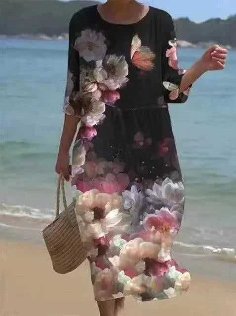 Vestido midi para mujeres con patrones variados, mangas de longitud media, estilo playero