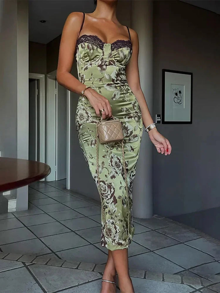 Vestido Midi Sin Mangas de Satén Floral para las Noches de Verano