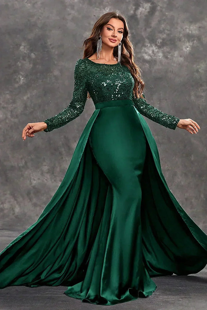Vestido largo de noche con lentejuelas y falda fluida