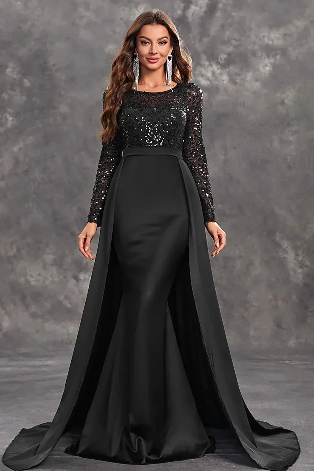 Vestido largo de noche con lentejuelas y falda fluida