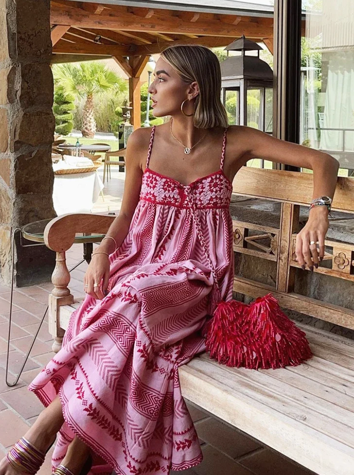 Rosa Sommer Boho Maxi Kleid Mit Muster