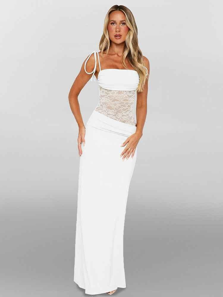 Sina – vestido maxi ajustado con tirantes de cordón y corsé de encaje transparente