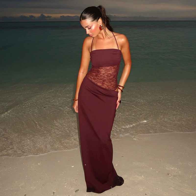 Sina – vestido maxi ajustado con tirantes de cordón y corsé de encaje transparente