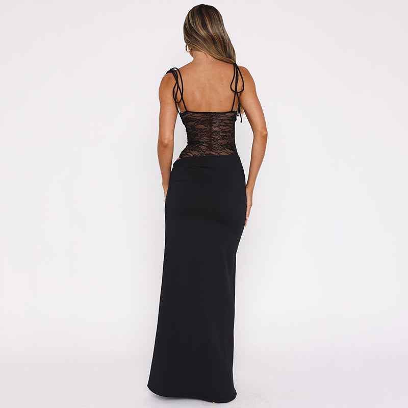 Sina – vestido maxi ajustado con tirantes de cordón y corsé de encaje transparente