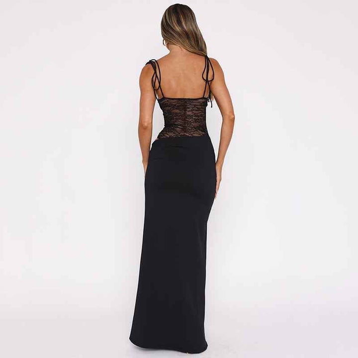 Sina – vestido maxi ajustado con tirantes de cordón y corsé de encaje transparente