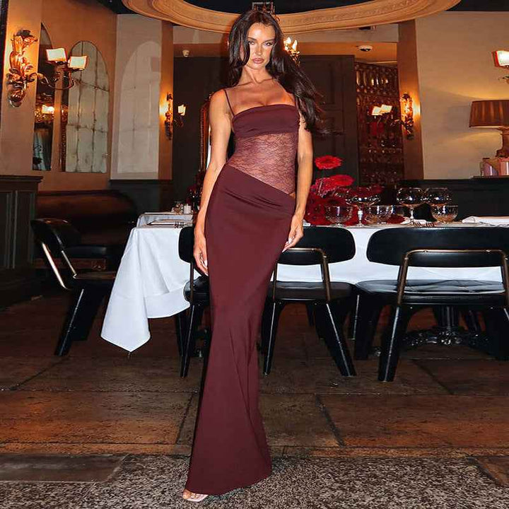 Sina – vestido maxi ajustado con tirantes de cordón y corsé de encaje transparente