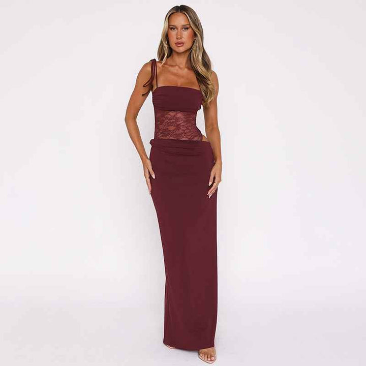 Sina – vestido maxi ajustado con tirantes de cordón y corsé de encaje transparente