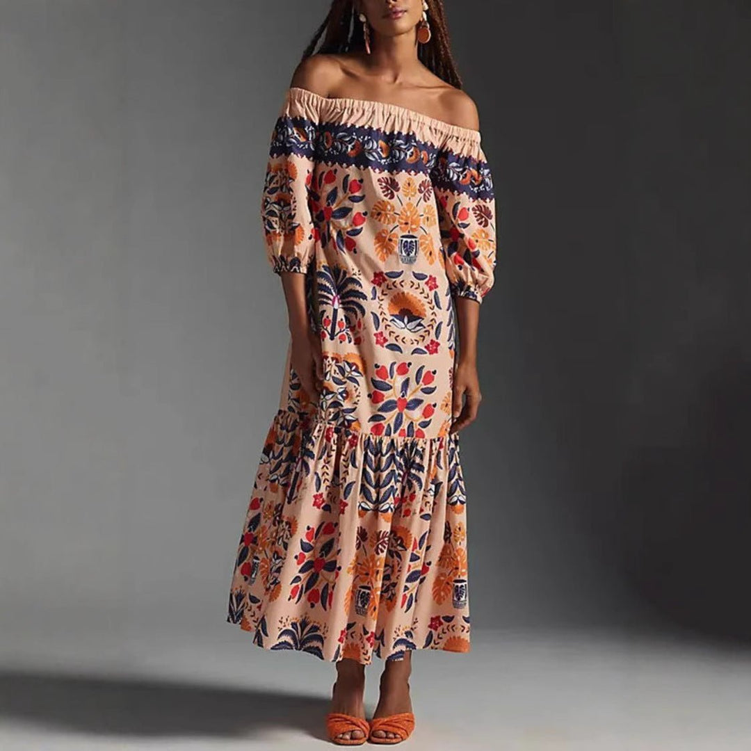 Solea – Vestido Maxí Off-Shoulder con estampado tropical y escote Carmen