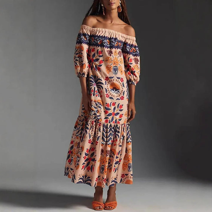 Solea – Vestido Maxí Off-Shoulder con estampado tropical y escote Carmen
