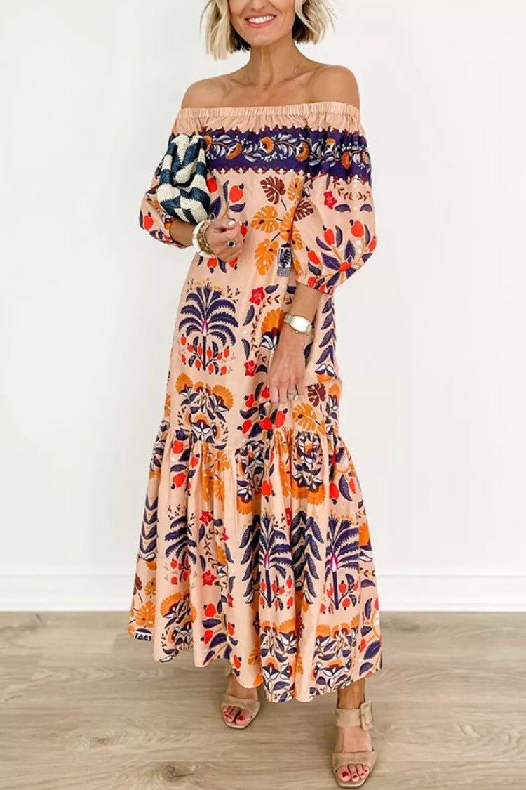 Solea – Vestido Maxí Off-Shoulder con estampado tropical y escote Carmen