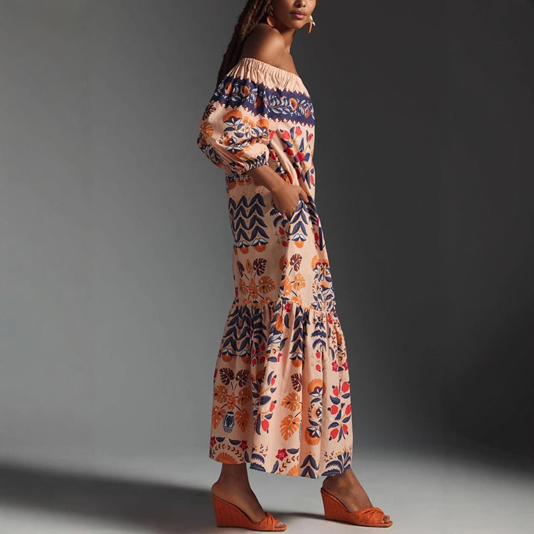 Solea – Vestido Maxí Off-Shoulder con estampado tropical y escote Carmen