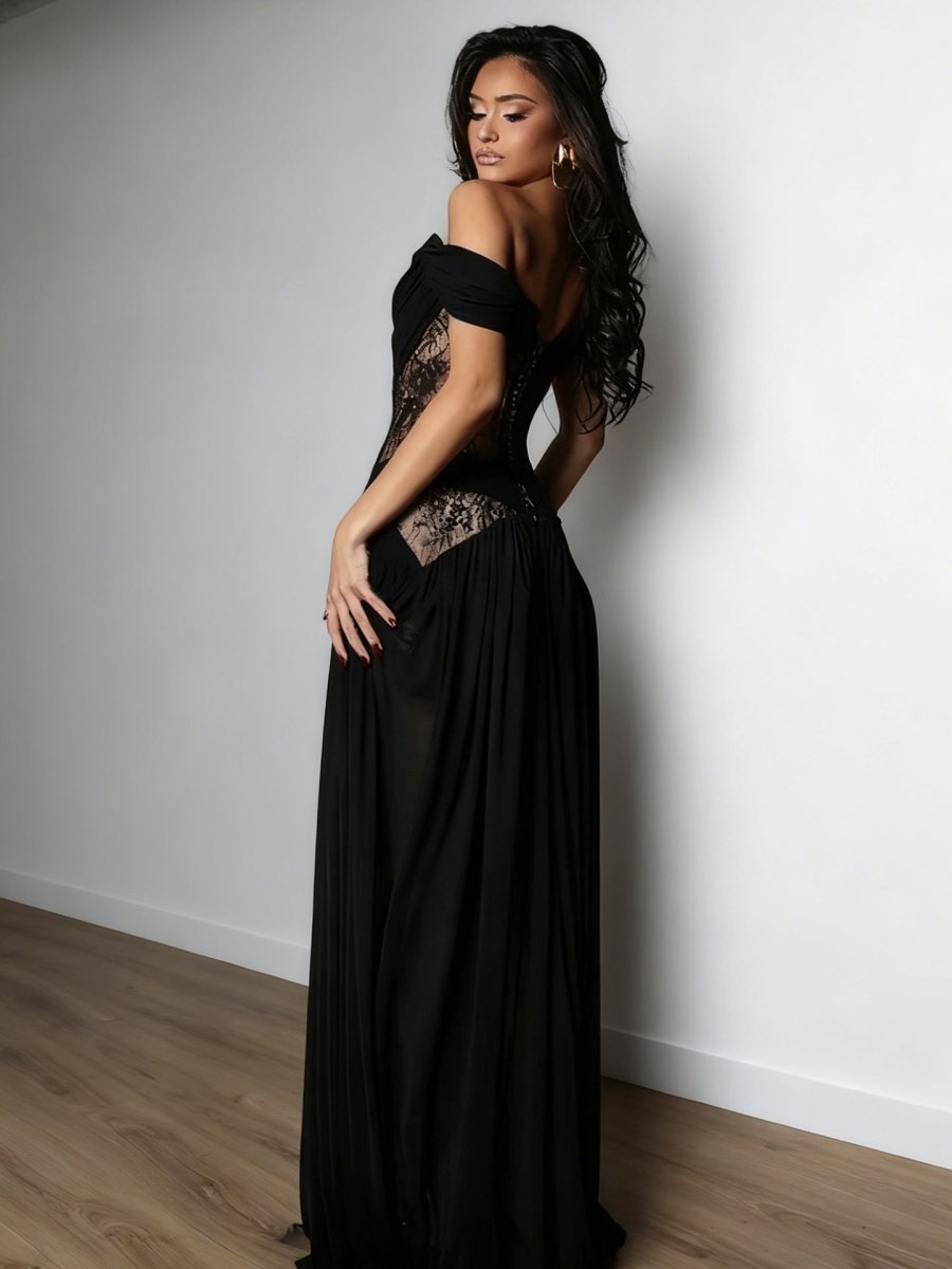 Vestido de verano largo negro sin hombros con abertura