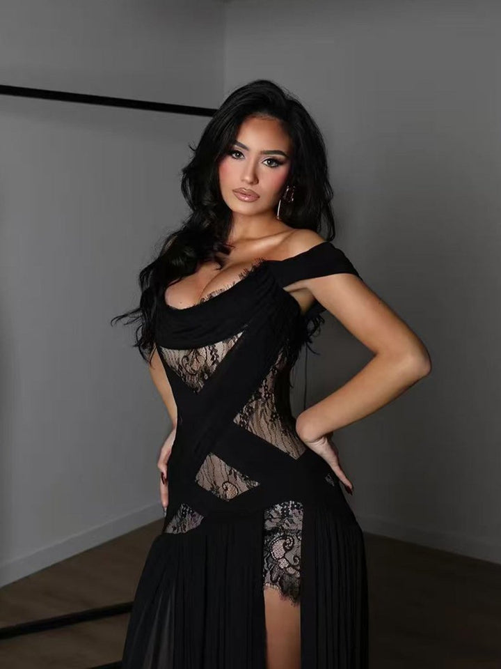 Vestido de verano largo negro sin hombros con abertura