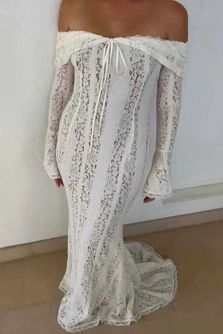 Vestido Maxi de Encaje con Fruncidos