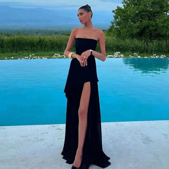 valentina – vestido de noche asimétrico con cola de chiffon y abertura