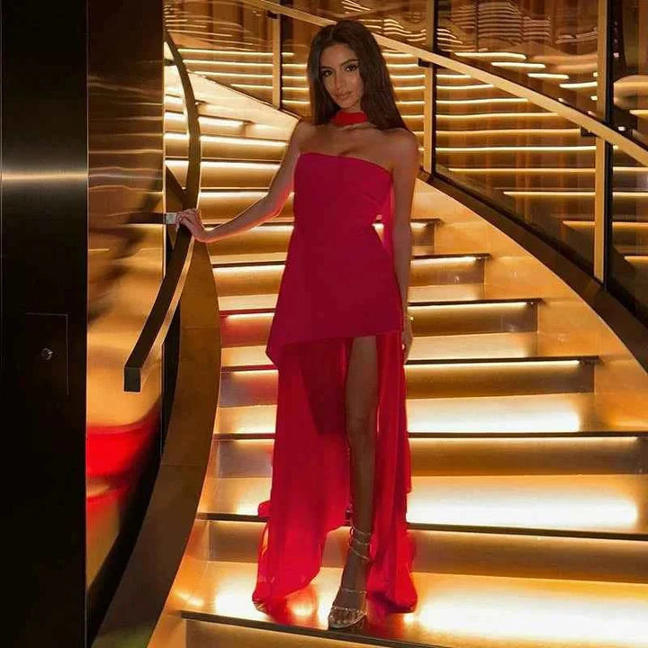 valentina – vestido de noche asimétrico con cola de chiffon y abertura
