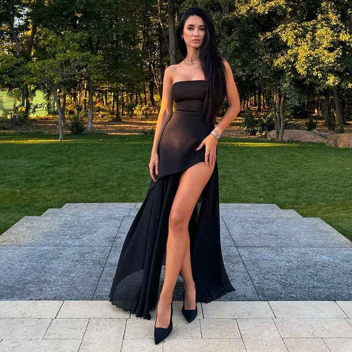 valentina – vestido de noche asimétrico con cola de chiffon y abertura