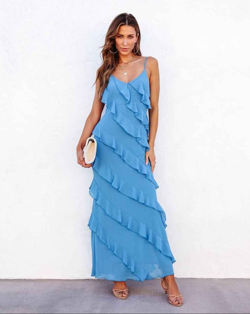 Valentina – Maxivestido con volantes y tirantes de spaghetti