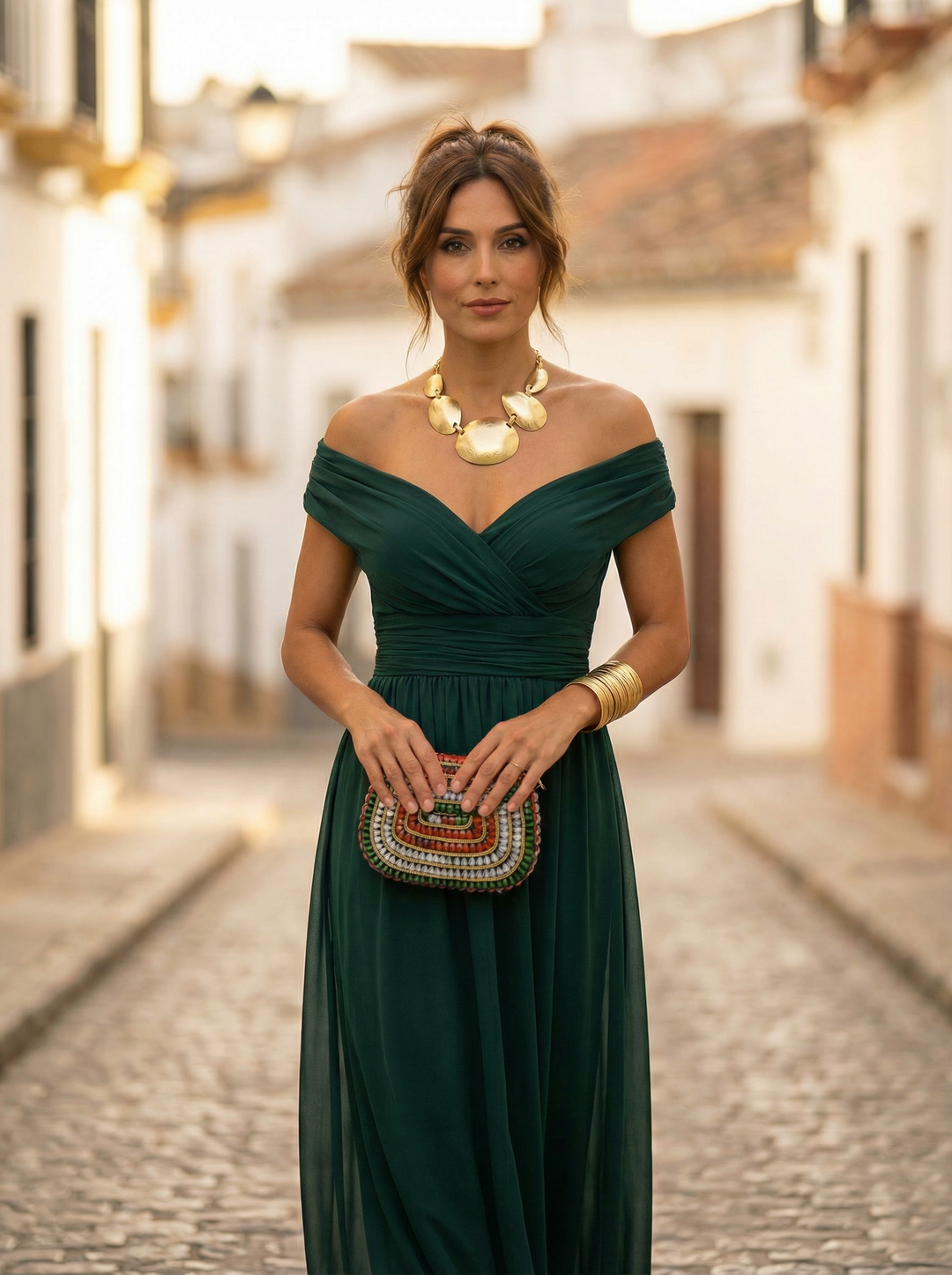 Vestido Maxi para Mujeres con diseño de hombros al descubierto, escote en V drapeado, cintura fruncida
