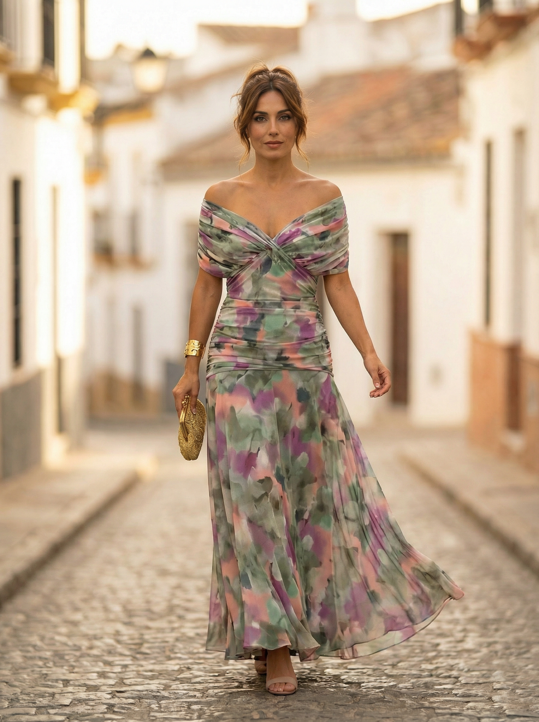 Vestido Maxi para Mujeres con diseño de hombros al descubierto, escote en V drapeado, cintura fruncida